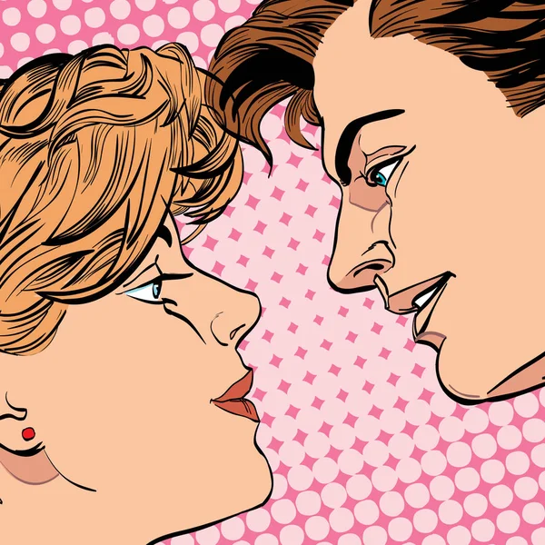 Embrasser couple amoureux, baiser romantique. Illustration de la Saint-Valentin romantique. Joyeuse Saint Valentin. Concept idée de publicité et de promo. Fond demi-teint. Pop art illustration de style rétro . — Image vectorielle