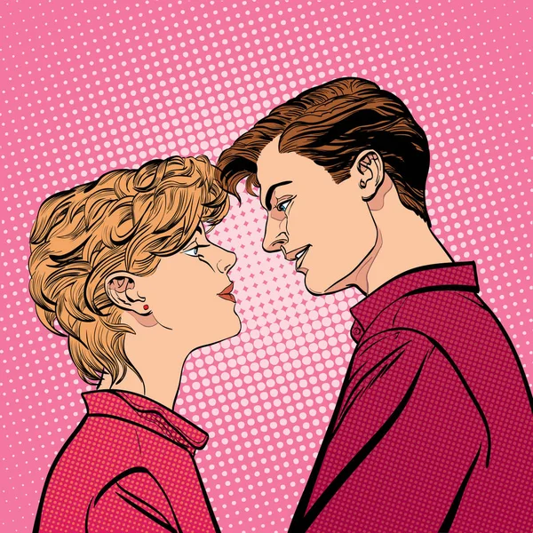 恋人のカップルが、ロマンチックなキスのキスします。ロマンスのバレンタインデーのイラスト。幸せなバレンタインデー。広告やプロモーションのコンセプト アイデア。ハーフトーンの背景。Pop アート レトロ スタイルの図. — ストックベクタ
