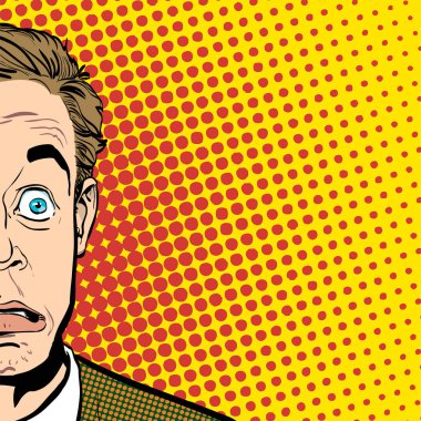 Portrait of surprised man. Surprised businessman. Surprised man. Concept idea of advertisement and promo. Pop art retro style illustration. People in retro style. Halftone background. clipart