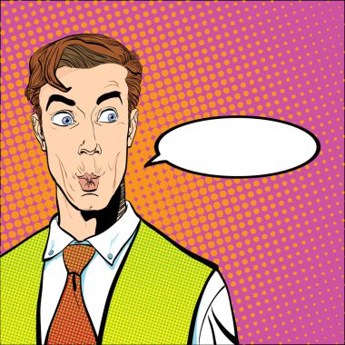 Şaşırmış adam portresi. Sürpriz bir iş adamı. Şaşırmış adam. Reklam ve promosyon kavramı fikri. Pop art retro tarzı resimde. Retro tarzı insanlar. Noktalı resim arka plan. ne soru.