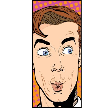 Şaşırmış adam portresi. Sürpriz bir iş adamı. Şaşırmış adam. Reklam ve promosyon kavramı fikri. Pop art retro tarzı resimde. Retro tarzı insanlar. Noktalı resim arka plan. ne soru.
