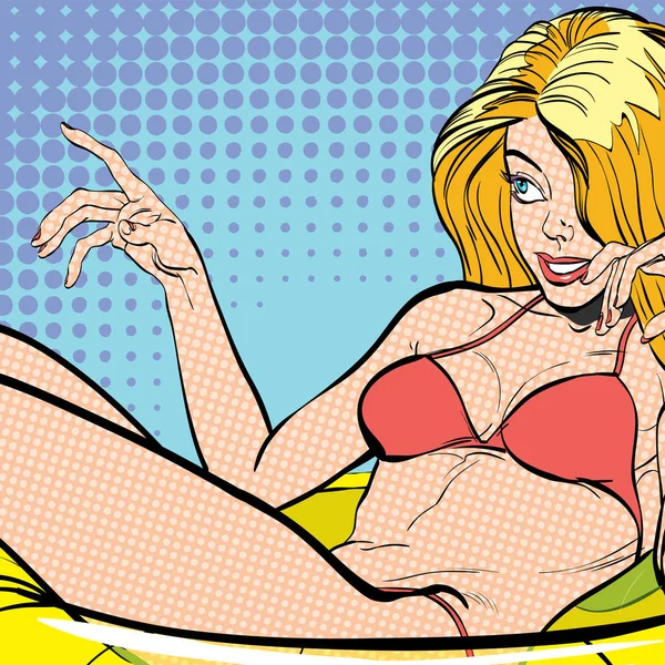 Sexy jonge liggen blonde in een pak zwemmen. Mooie jonge vrouw. Vrouw met plezier. Vrouw in een droom. Vrouw in hoop. Het hebben van plezier. Concept idee van reclame. Halftone achtergrond. — Stockvector