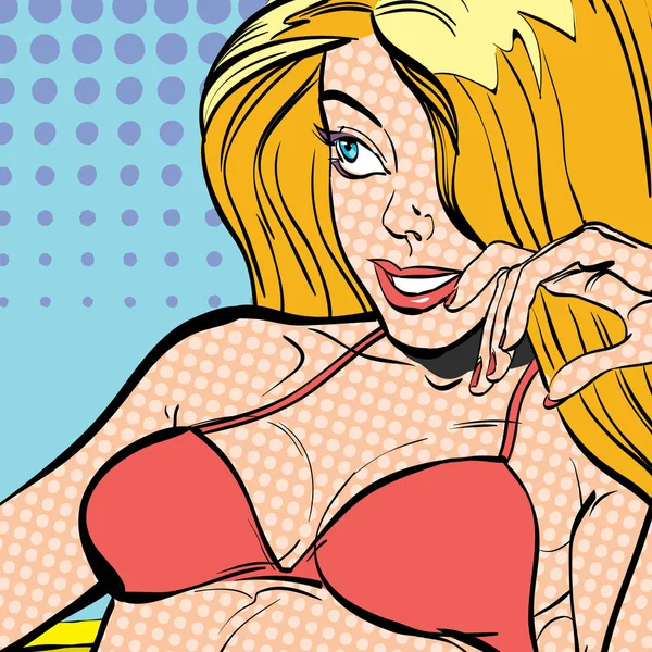 Sexy jonge liggen blonde in een pak zwemmen. Mooie jonge vrouw. Vrouw met plezier. Vrouw in een droom. Vrouw in hoop. Het hebben van plezier. Concept idee van reclame. Halftone achtergrond. — Stockvector