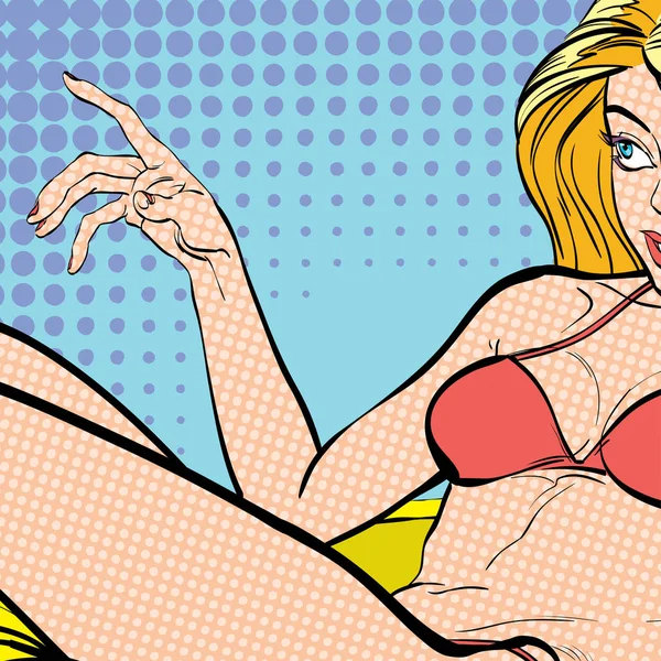 Sexy young lying blonde in a swimming suit. Beautiful young woman. Woman having pleasure. Woman in a dream. Woman in hope. Having pleasure. Concept idea of advertisement. Halftone background. — Stock Vector