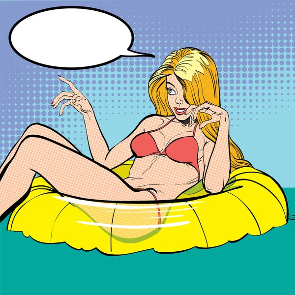 Sexy young lying blonde in a swimming suit. Beautiful young woman. Woman having pleasure. Woman in a dream. Woman in hope. Having pleasure. Concept idea of advertisement. Halftone background. — Stock Vector
