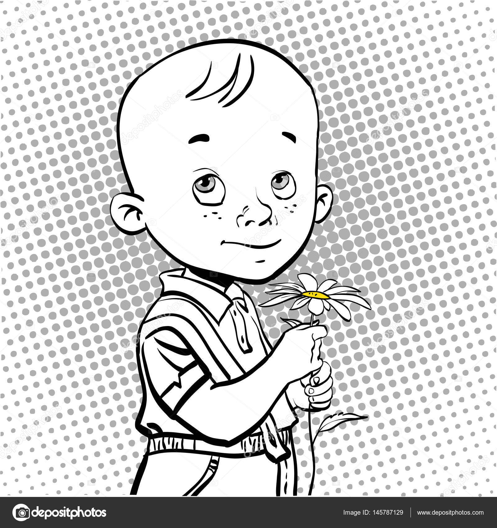 Der schüchterne Junge schenkt Blumen. Blumenjungen geben. junger Mann mit  Blume. schüchterner Cartoon-Junge. niedlicher kleiner schüchterner Junge.  Stock-Vektorbild von ©komarova1946@gmail.com 145787129, image size:964x1024