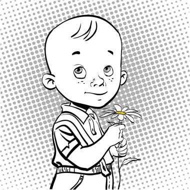 Utangaç çocuk çiçek verir. Çiçek çocuk veren. Genç adam holding çiçek. Utangaç çizgi film çocuk. Sevimli küçük utangaç çocuk.
