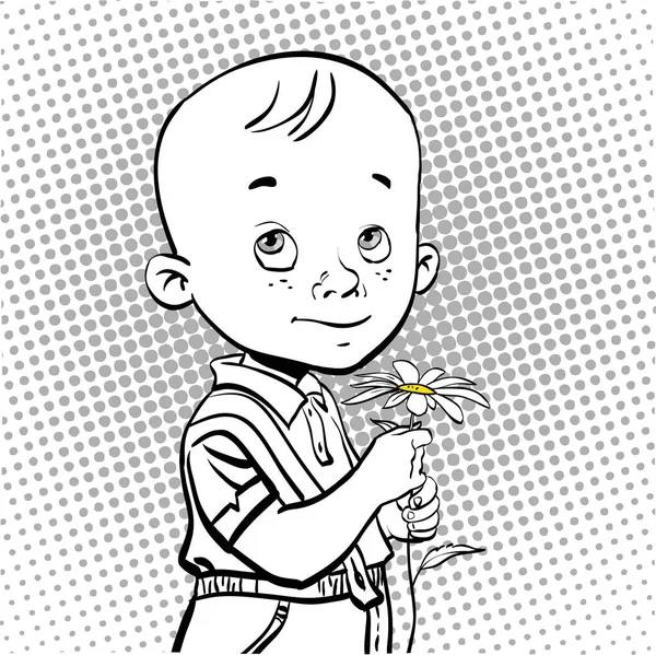 Nieśmiały chłopak daje kwiat. Dając kwiat chłopiec. Młody człowiek gospodarstwa kwiat. Chłopak nieśmiały Cartoon. Cute Little nieśmiały chłopak. — Wektor stockowy