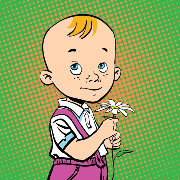 Un chico tímido da flores. Dando Flor Boy. Joven sosteniendo la flor. Chico tímido de dibujos animados. Lindo niño tímido . — Vector de stock