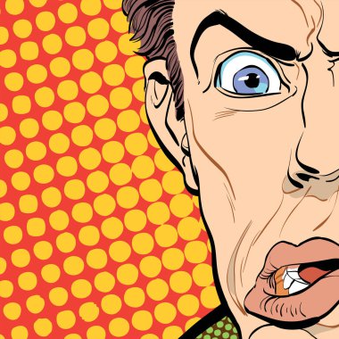 Korkmuş adam portresi. Korkmuş bir iş adamı. Şaşırmış adam. Pop art retro tarzı resimde. Retro tarzı insanlar. Noktalı resim arka plan. Yüz mans.