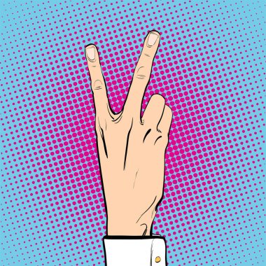 Zafer jest. Zafer işaret. İki parmak kadar. Zafer işareti. Zaferini kutluyor. Noktalı resim arka plan. Pop art retro tarzı illüstrasyon.