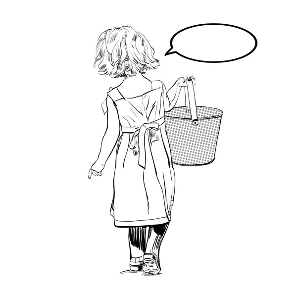 Uma menina de saia comprida. Menina com balde de brinquedo . — Vetor de Stock