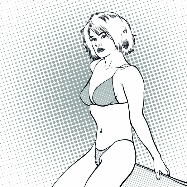 Sexy young in a swimming suit. Beautiful young woman. Woman in a dream. Woman in hope. Concept idea of advertisement. Halftone background.