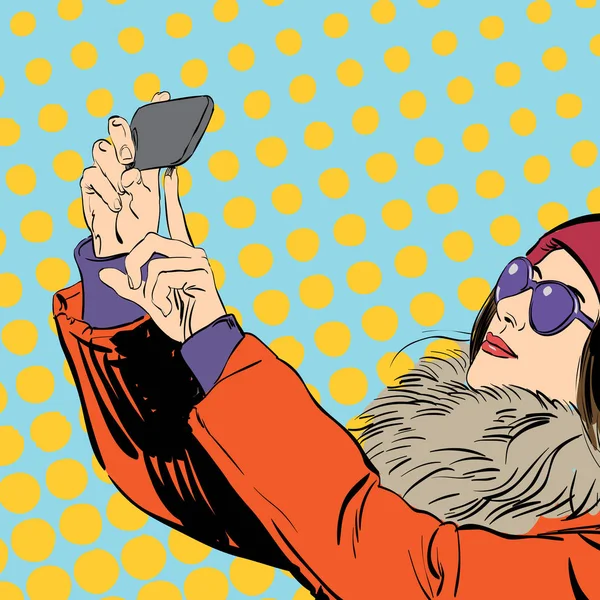 Hübsche junge Frau steht und macht Selfie auf isoliertem Hintergrund. flache Zeichentrickvektorillustration — Stockvektor