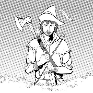 Robin Hood tüy ile şapkalı. Zayıf savunucusu. Orta Çağ efsaneleri. Orta Çağ efsaneleri kahramanları. Noktalı resim arka plan.