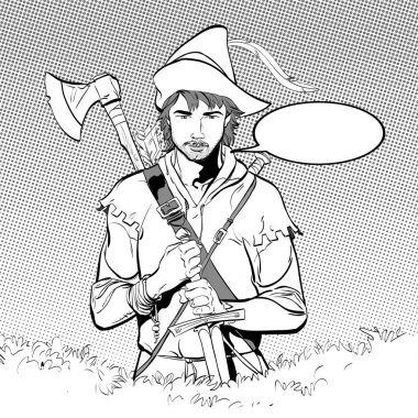 Robin Hood tüy ile şapkalı. Zayıf savunucusu. Orta Çağ efsaneleri. Orta Çağ efsaneleri kahramanları. Noktalı resim arka plan.