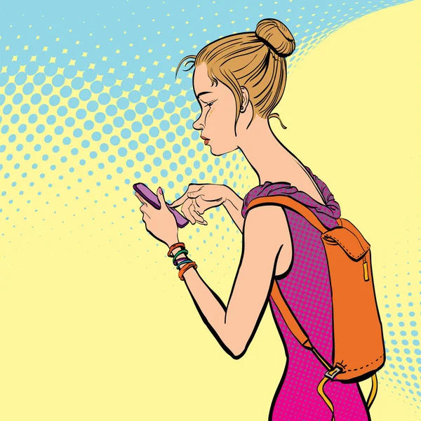 Ilustración de una chica sosteniendo un teléfono móvil . — Vector de stock