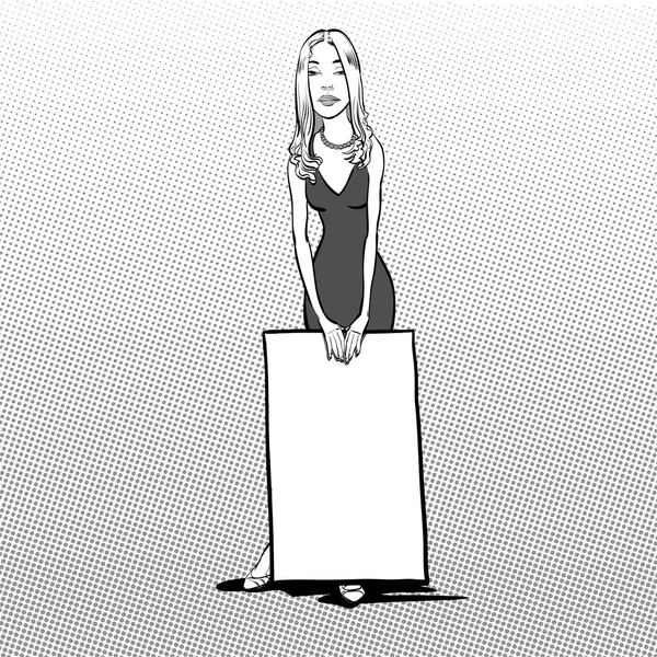 Chica sonriente sosteniendo un cartel en blanco — Vector de stock