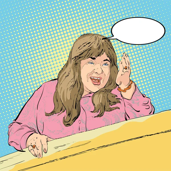 Donna grassoccia di mezza eta 'che mostra una strada. Una donna che da 'consigli. Illustrazione vettoriale del fumetto. Scena comica — Vettoriale Stock