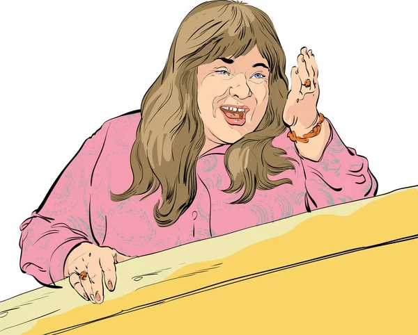 Donna grassoccia di mezza eta 'che mostra una strada. Una donna che da 'consigli. Illustrazione vettoriale del fumetto. Scena comica — Vettoriale Stock