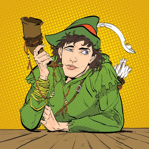 Robin Hood en un sombrero con plumas y un cuerno. Dudando de Robin Hood Defensor de los débiles. Leyendas medievales. Héroes de leyendas medievales. Fondo de medio tono . — Vector de stock