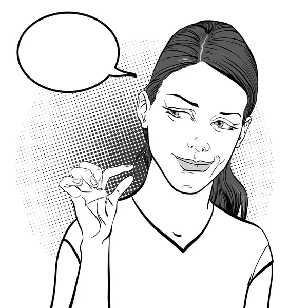 Femme riant et montrant un doigt signifiant petite taille — Image vectorielle