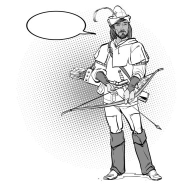 Robin Hood tüy ile şapkalı. Zayıf savunucusu. Orta Çağ efsaneleri. Orta Çağ efsaneleri kahramanları. Noktalı resim arka plan.