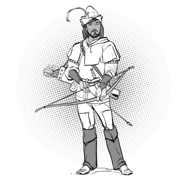 Robin Hood in een hoed met veren. Verdediger van de zwakkeren. Volgens middeleeuwse legenden. Helden van middeleeuwse legenden. Halftone achtergrond. — Stockvector