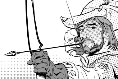 Robin Hood hedefe matuf. Robin Hood dururken yay ve ok. Zayıf savunucusu. Orta Çağ efsaneleri. Orta Çağ efsaneleri kahramanları. Noktalı resim arka plan.