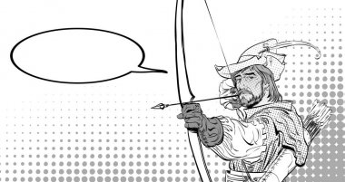 Robin Hood hedefe matuf. Robin Hood dururken yay ve ok. Zayıf savunucusu. Orta Çağ efsaneleri. Orta Çağ efsaneleri kahramanları. Noktalı resim arka plan.