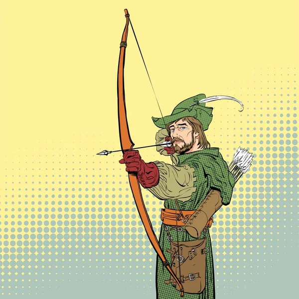 Robin Hood aiming on target. Robin Hood standing with bow and arrows. Defender of weak. Medieval legends. Heroes of medieval legends. Halftone background. — Stock Vector