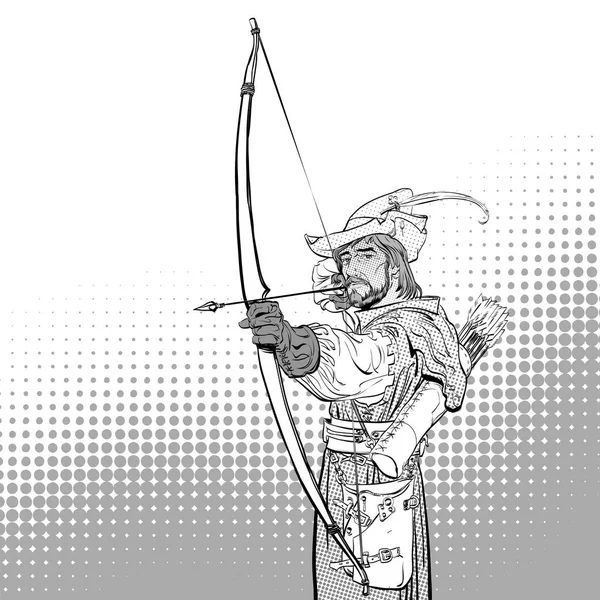 Robin Hood mira al bersaglio. Robin Hood in piedi con arco e frecce. Difensore dei deboli. Leggende medievali. Eroi delle leggende medievali. Mezzatinta sfondo . — Vettoriale Stock