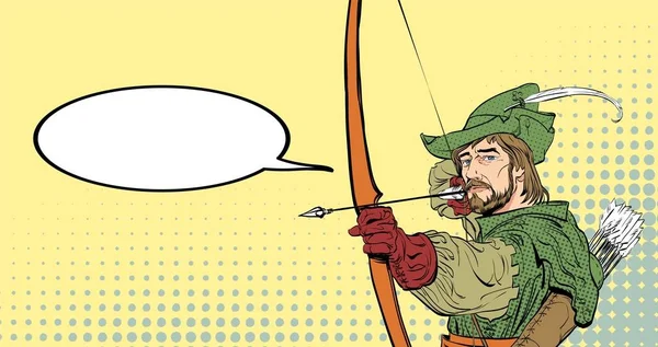 Robin Hood membidik target. Robin Hood berdiri dengan busur dan anak panah. Pembela yang lemah. Legenda abad pertengahan. Pahlawan legenda abad pertengahan. Latar belakang halftone . - Stok Vektor