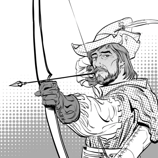 Robin dos Bosques apontando para o alvo. Robin dos Bosques de pé com arco e flechas. Defensor dos fracos. Lendas medievais. Heróis de lendas medievais. Meio-tom de fundo . — Vetor de Stock