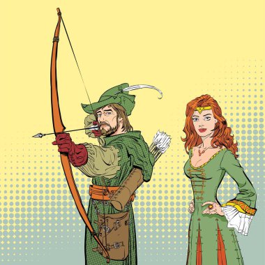 Robin Hood hedefe matuf. Orta Çağ efsaneleri. Orta Çağ efsaneleri kahramanları. Ortaçağ elbiseli Bayan.