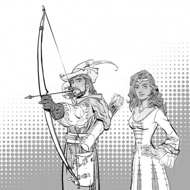 Robin Hood hedefe matuf. Orta Çağ efsaneleri. Orta Çağ efsaneleri kahramanları. Ortaçağ elbiseli Bayan.
