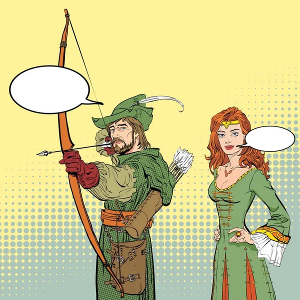 Robin dos Bosques apontando para o alvo. Lendas medievais. Heróis de lendas medievais. Senhora em vestido medieval . —  Vetores de Stock