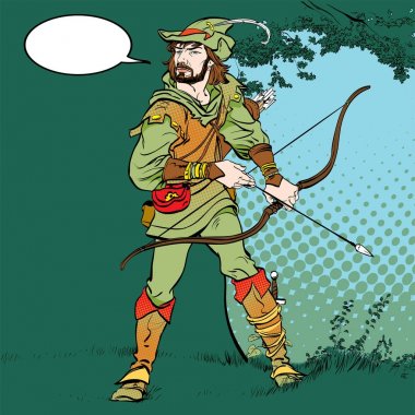 Robin Hood standing with bow and arrows. Robin Hood in ambush. Defender of weak. Medieval legends. Heroes of medieval legends. Halftone background. clipart
