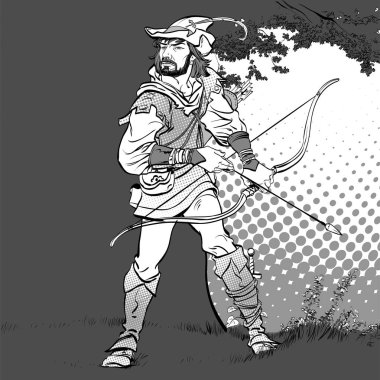 Robin Hood dururken yay ve ok. Robin Hood pusuda. Zayıf savunucusu. Orta Çağ efsaneleri. Orta Çağ efsaneleri kahramanları. Noktalı resim arka plan.
