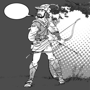 Robin Hood dururken yay ve ok. Robin Hood pusuda. Zayıf savunucusu. Orta Çağ efsaneleri. Orta Çağ efsaneleri kahramanları. Noktalı resim arka plan.