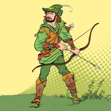 Robin Hood dururken yay ve ok. Robin Hood pusuda. Zayıf savunucusu. Orta Çağ efsaneleri. Orta Çağ efsaneleri kahramanları. Noktalı resim arka plan.