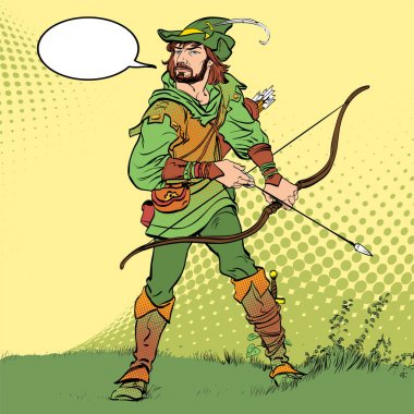 Robin Hood dururken yay ve ok. Robin Hood pusuda. Zayıf savunucusu. Orta Çağ efsaneleri. Orta Çağ efsaneleri kahramanları. Noktalı resim arka plan.