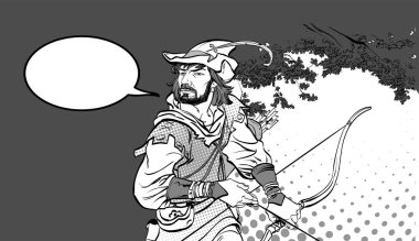 Robin Hood dururken yay ve ok. Robin Hood pusuda. Zayıf savunucusu. Orta Çağ efsaneleri. Orta Çağ efsaneleri kahramanları. Noktalı resim arka plan.