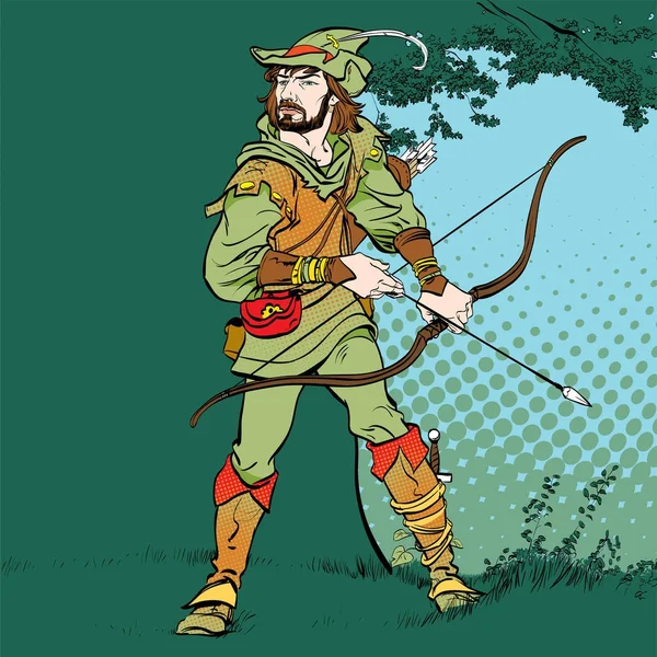 Robin Hood in piedi con arco e frecce. Robin Hood in agguato. Difensore dei deboli. Leggende medievali. Eroi delle leggende medievali. Mezzatinta sfondo . — Vettoriale Stock
