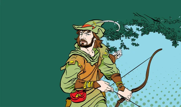 Robin Hood stojący z łukiem i strzałami. Robin Hood w zasadzkę. Obrońcą słabych. Średniowieczne legendy. Bohaterowie Legend średniowiecznych. Tło rastra. — Wektor stockowy
