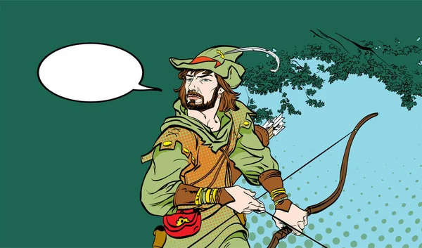 Robin Hood de pie con arco y flechas. Robin Hood en una emboscada. Defensor de los débiles. Leyendas medievales. Héroes de leyendas medievales. Fondo de medio tono . — Vector de stock