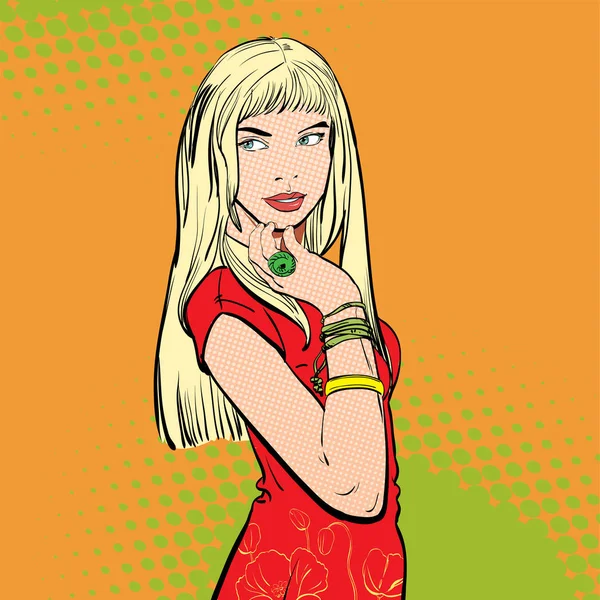 Una mujer muy sexy. Vestido rojo. Mujeres jóvenes y bonitas. Chica rubia glamorosa. Mujer linda pensando en algo . — Archivo Imágenes Vectoriales