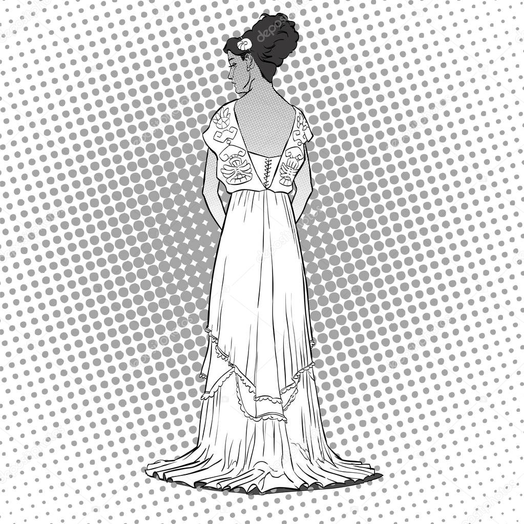 The sketch with the young graceful model. Back view of the dress. Long evening gown with open back.