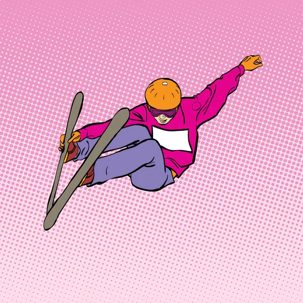 Deportes de invierno. Esquí aéreo. Medio tubo, superpipa o slopestyle. Freestyle esquiador durante un salto — Vector de stock