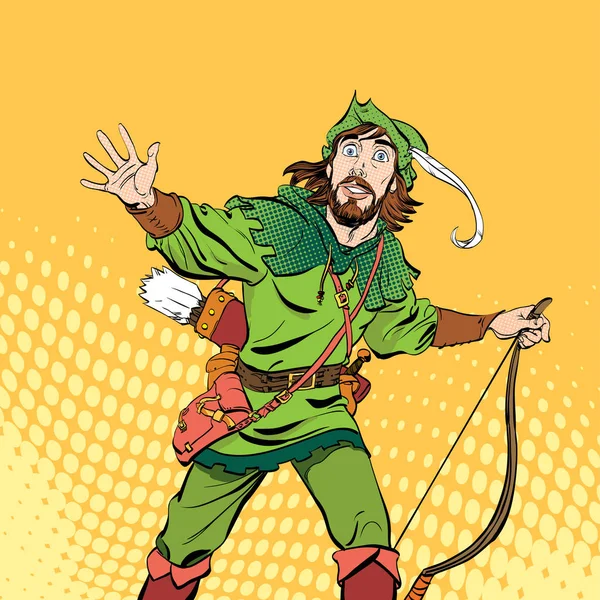 Ohromen Robin Hood. Divení se Robin Hood. Středověké legendy. Hrdinové středověkých legend. Polotónování pozadí. — Stockový vektor